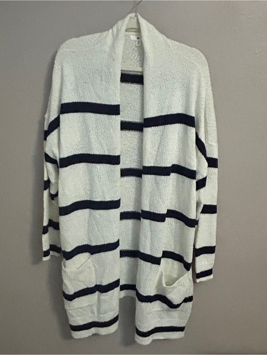 bp Sweaters - Coastal Nautical cotton Striped Longline Cardigan BP. Ivory Navy